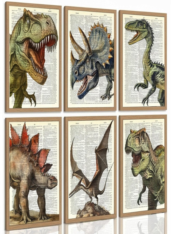 JJX 6Pcs Dinosaur Canvas Wall Art Retro Tyrannosaurus, Stegosaurus, Triceratops, Parasaurolophus Wall Decor Pictures Canvas Posters Prints For Children Room Baby Boy Nursery Boys room Bedroom Unframed - Image 1