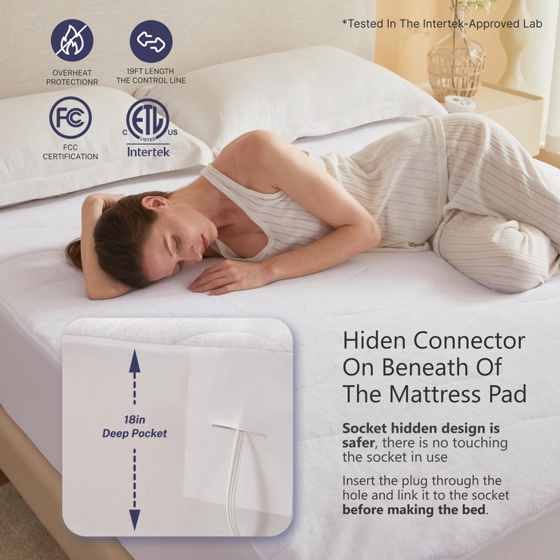 Thermylux Electric Mattress Pad Queen Size Quilted Wave 10 Heat Settings & Dual Control with 12 Hour Auto Off,Deep Pocket Fits up to 18",Coral Fleece Bed Warmer,ETL Certified Machine Washable,60"x80" - Image 4