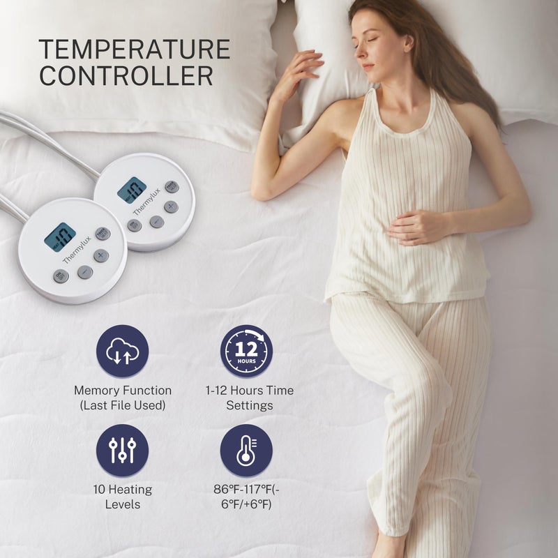 Thermylux Electric Mattress Pad Queen Size Quilted Wave 10 Heat Settings & Dual Control with 12 Hour Auto Off,Deep Pocket Fits up to 18",Coral Fleece Bed Warmer,ETL Certified Machine Washable,60"x80" - Image 5