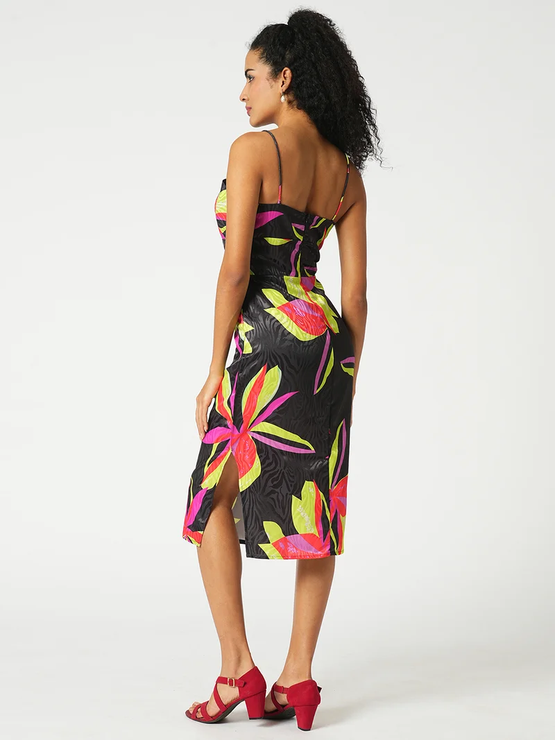 globus Globus Women Floral Print Sweetheart Neck Shoulder Strap Cut-Out Detail Midi Bodycon Party Dress