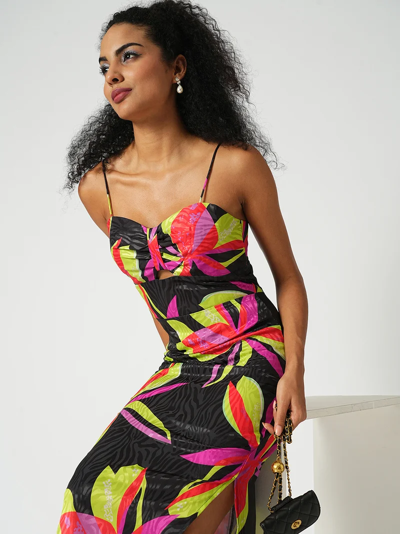 globus Globus Women Floral Print Sweetheart Neck Shoulder Strap Cut-Out Detail Midi Bodycon Party Dress