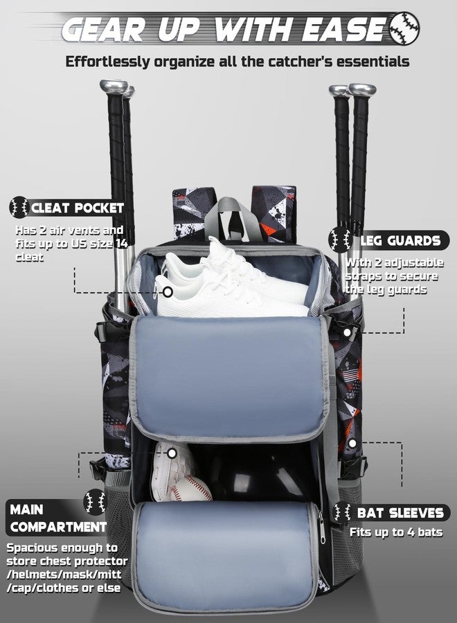 FOKDUVB Baseball Softball Catchers Gear Bag for Helmet Chest Protector Leg Guards Cleats Large Baseball Softball Bat Backpack for Boys Girls Catchers Equipment Bag for Youth Adult Black Red Geometric - Image 3