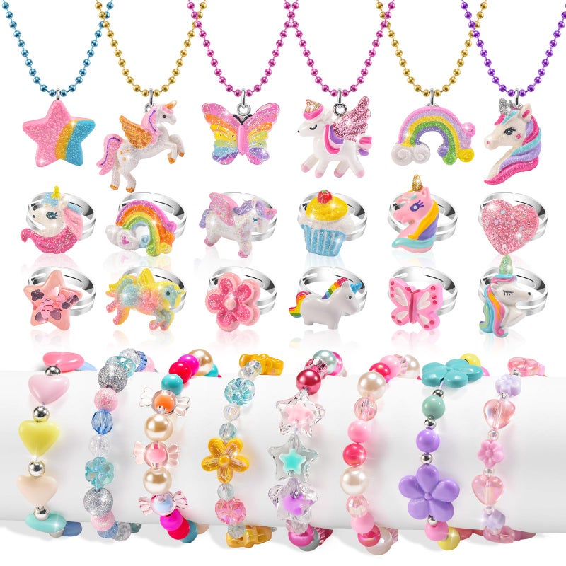 xFFFun Kids Jewelry for Girls 46 Little Girls Play Jewelry Set for Toddlers Age 35 68 Childrens Princess Costume Dress Up Necklace Bracelets Rings Unicorn Birthday Gifts for 3 4 5 7 6 8 Year Old - Image 2
