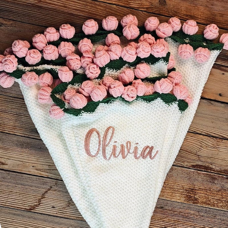 Artiglow Rose Flower Blanket with Embroidered Name, Personalized Pink Crochet Bouquet Throw Blanket for Women, Custom Christmas Valentine's Day Gift for Girlfriend, Birthday for Mom - Image 1