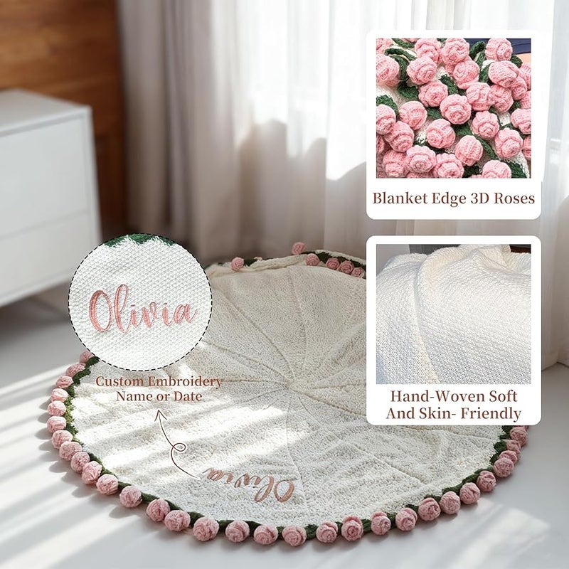Artiglow Rose Flower Blanket with Embroidered Name, Personalized Pink Crochet Bouquet Throw Blanket for Women, Custom Christmas Valentine's Day Gift for Girlfriend, Birthday for Mom - Image 3