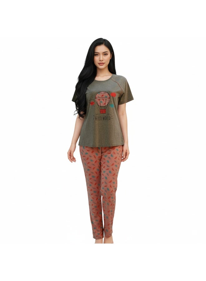 JOANNA Women's Hello World Print Short Sleeve Shirt & Long Pants Pajama Set, Grey, L - Image 1