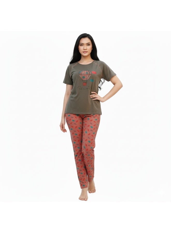 JOANNA Women's Hello World Print Short Sleeve Shirt & Long Pants Pajama Set, Grey, L - Image 2