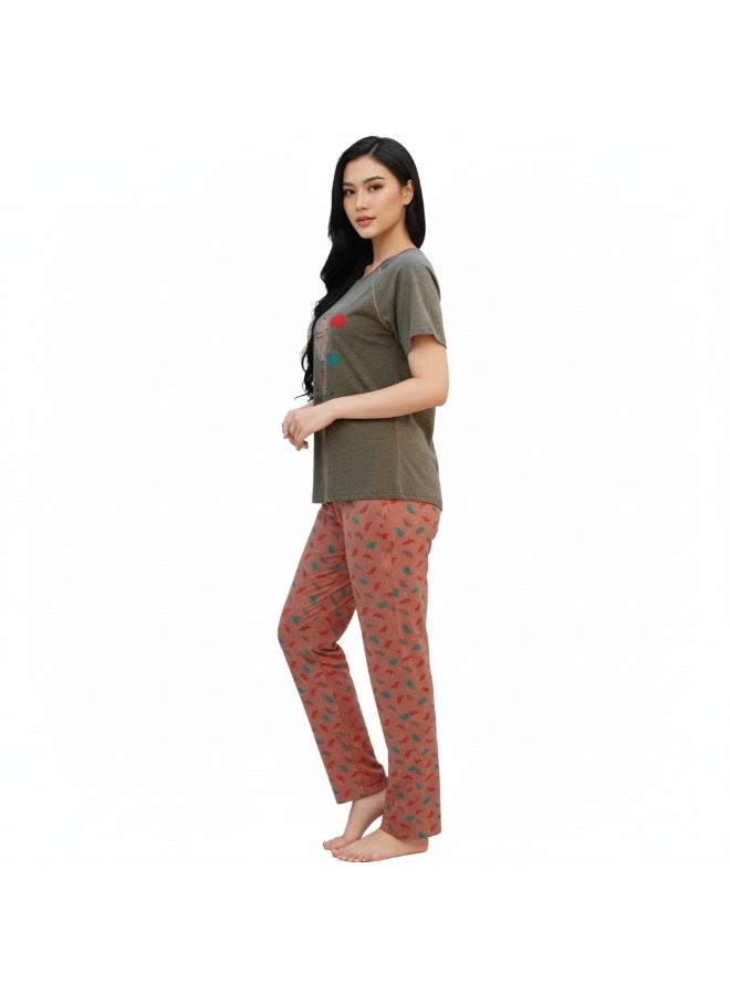 JOANNA Women's Hello World Print Short Sleeve Shirt & Long Pants Pajama Set, Grey, L - Image 5