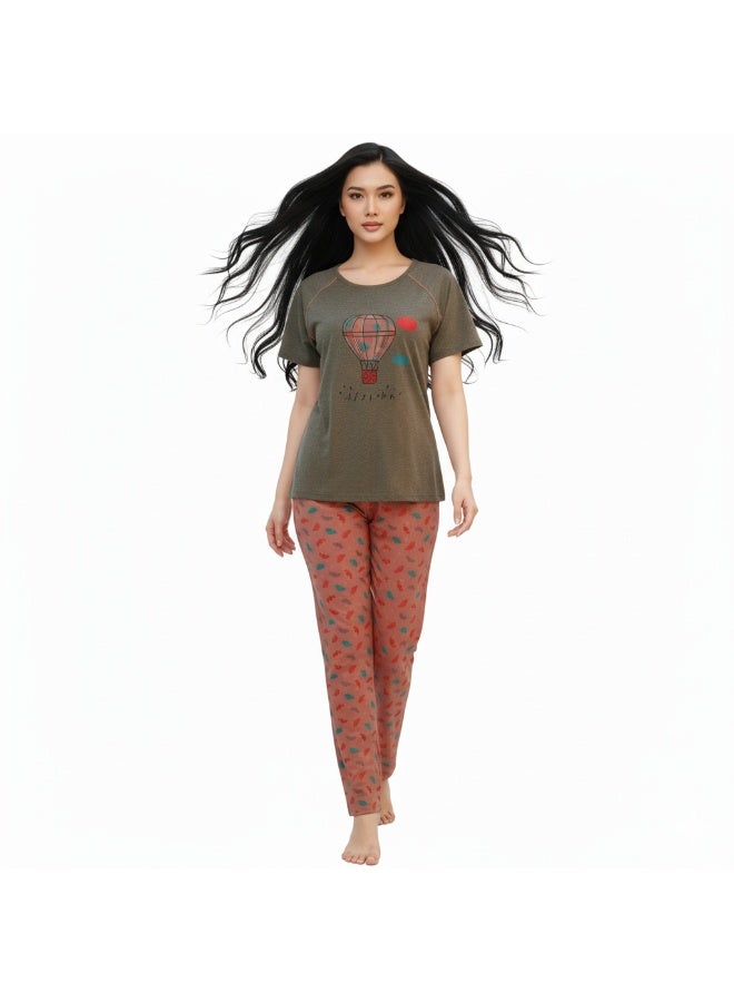 JOANNA Women's Hello World Print Short Sleeve Shirt & Long Pants Pajama Set, Grey, L - Image 4