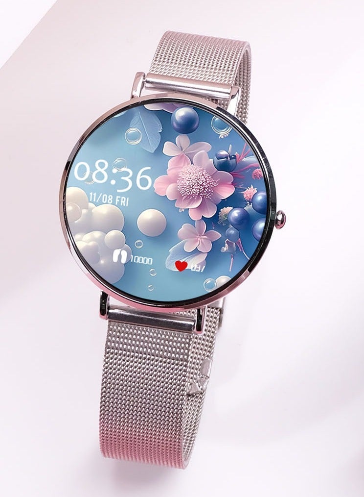 Telzeal LOLA-6 Ultra-Slim Round Smartwatch for Ladies – Elegant Silver Design with 3 Interchangeable Straps, Ultra-Thin Lightweight Build, AMOLED Display, Fitness & Health Tracking, Long Battery Life, Magnetic Charging Cable, Compatible with Android & iOS - Image 2