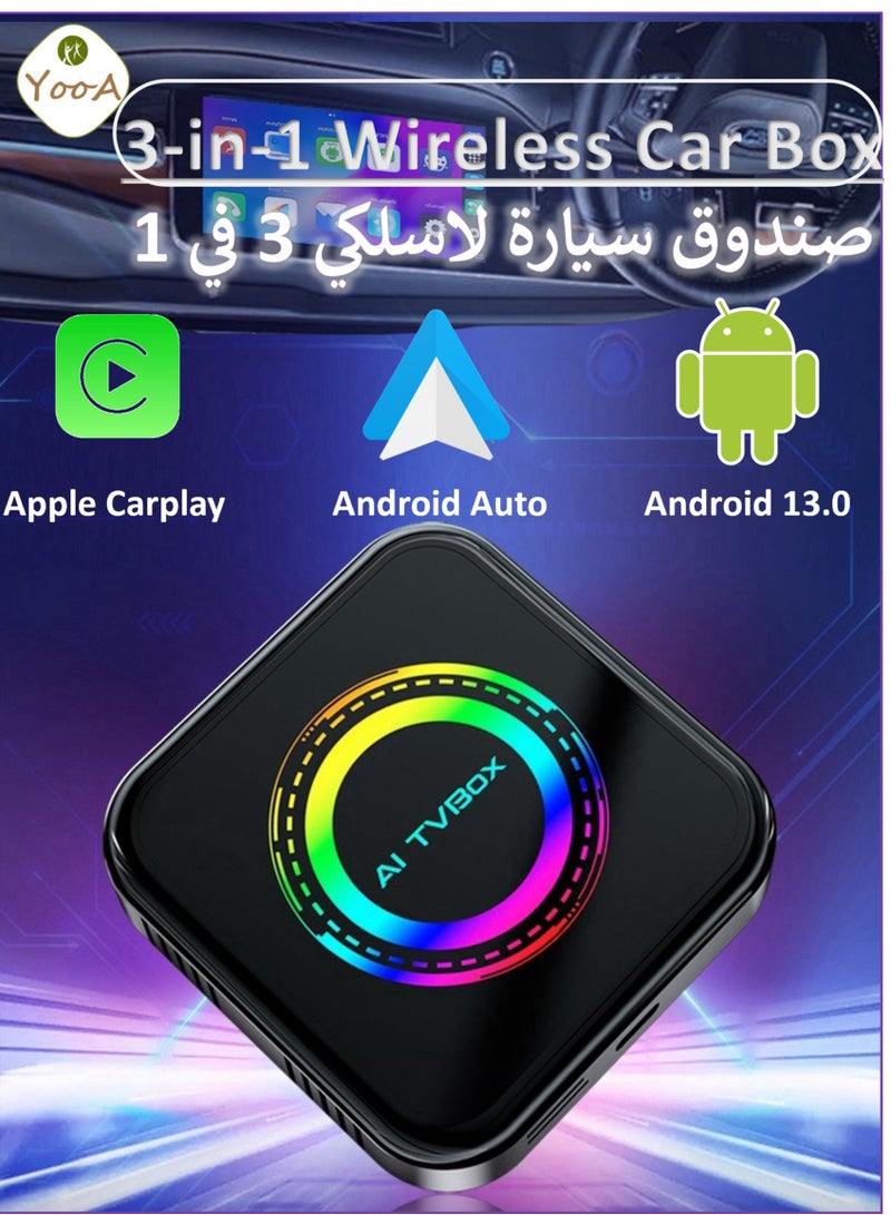 YooA Wireless AI CarPlay Box | Wireless Android Auto, Car Adapter,  3-in-1 Car AI Box,Built-in GPS, Android 13, Dual-band Wifi, Bluetooth,  8 core 4GB+64GB, Built -in GPS Video Music Supports Google Play 