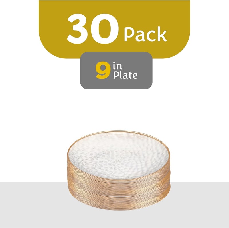 PLASTICPRO 30 Pack Hammered Plastic Plates Heavyweight Disposable Plastic Plates Elegant Clear Hammered Rim Platsic Party Dishes (Hammered Clear With Gold Rim, 9'' INCH PLATES) - Image 5