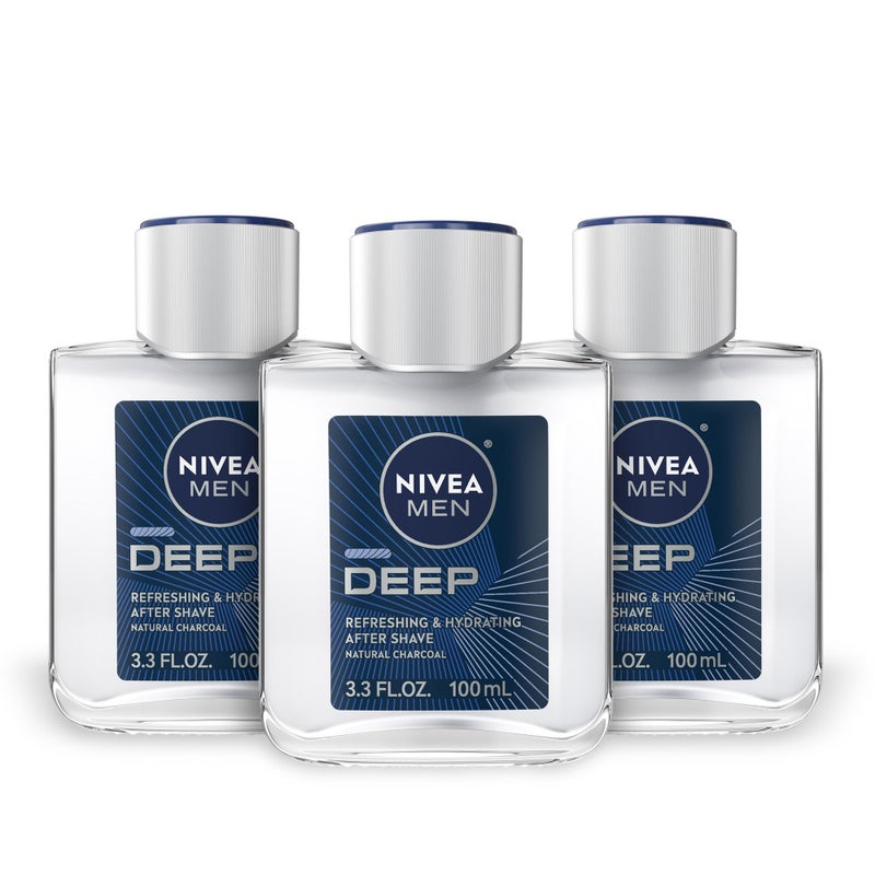 NIVEA Men DEEP Refreshing and Hydrating After Shave with Natural Charcoal, Aftershave Lotion for Men Soothes Shave Irritation, Vanilla and Bourbon Scent, 3.3 Fl Oz Bottle, Pack of 3 - Image 1