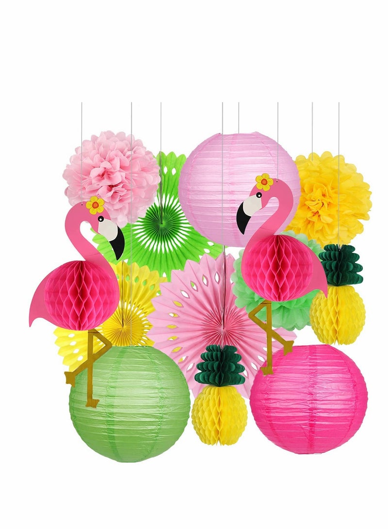 Flamingo and Pineapple Party Decorations, Honeycomb Ball Paper Lanterns, Paper Fans, and Pom Poms for Tropical Birthday Luau and Bachelorette Celebrations - Image 1