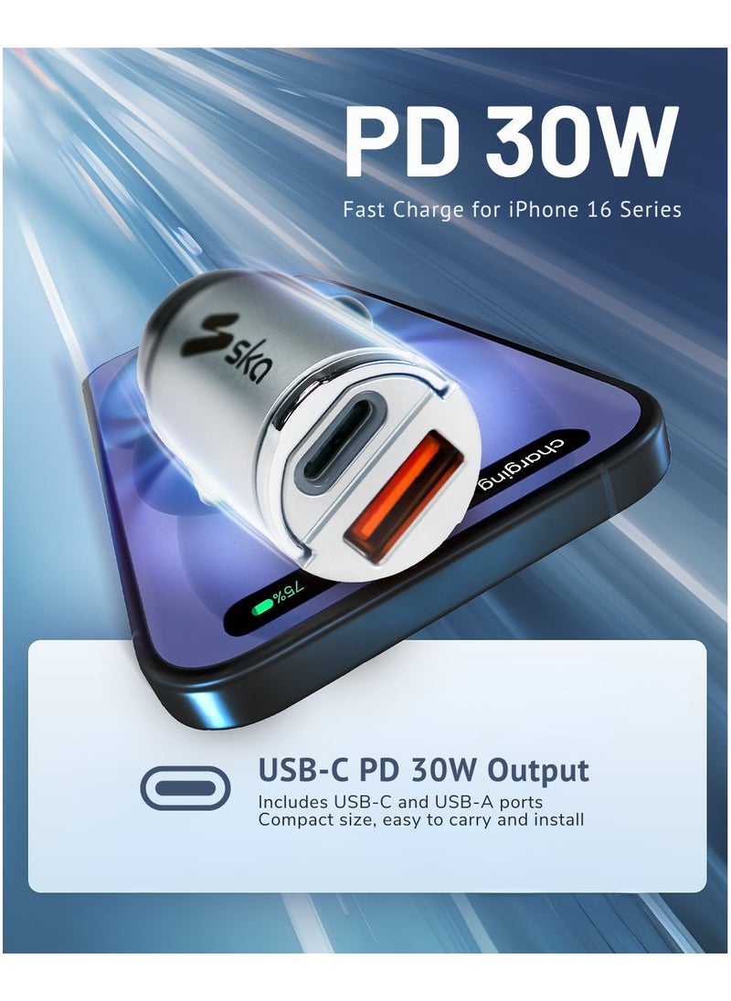 SKA Fast Car Charger USB-C PD 30W + USB-A QC 18W | Dual Port Charger for iPhone 16/15/14/13, Samsung S24/S23, Huawei, Xiaomi | Compact Design, Safety Features | Best Car Accessories for Fast Charging  - Image 2