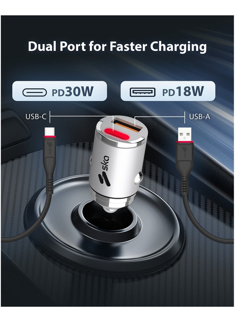 SKA Fast Car Charger USB-C PD 30W + USB-A QC 18W | Dual Port Charger for iPhone 16/15/14/13, Samsung S24/S23, Huawei, Xiaomi | Compact Design, Safety Features | Best Car Accessories for Fast Charging  - Image 3