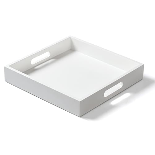Satu Brown White Wooden Serving Tray with Handles, 12"x12"x2"H Square Countertop Organizer Tray， Decorative Cosmetics Trays for Kitchen, Bathroom, Sturdy Food Trays for Breakfast, Tea - Image 1