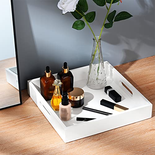 Satu Brown White Wooden Serving Tray with Handles, 12"x12"x2"H Square Countertop Organizer Tray， Decorative Cosmetics Trays for Kitchen, Bathroom, Sturdy Food Trays for Breakfast, Tea - Image 4