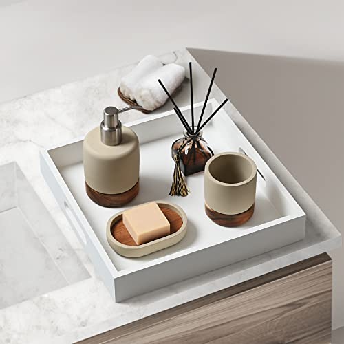 Satu Brown White Wooden Serving Tray with Handles, 12"x12"x2"H Square Countertop Organizer Tray， Decorative Cosmetics Trays for Kitchen, Bathroom, Sturdy Food Trays for Breakfast, Tea - Image 5