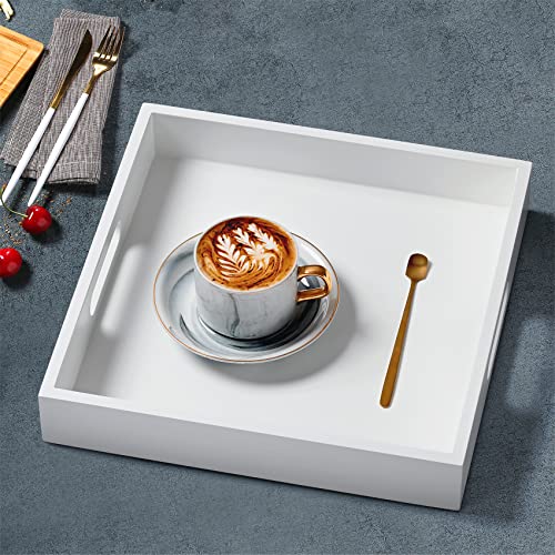 Satu Brown White Wooden Serving Tray with Handles, 12"x12"x2"H Square Countertop Organizer Tray， Decorative Cosmetics Trays for Kitchen, Bathroom, Sturdy Food Trays for Breakfast, Tea - Image 3