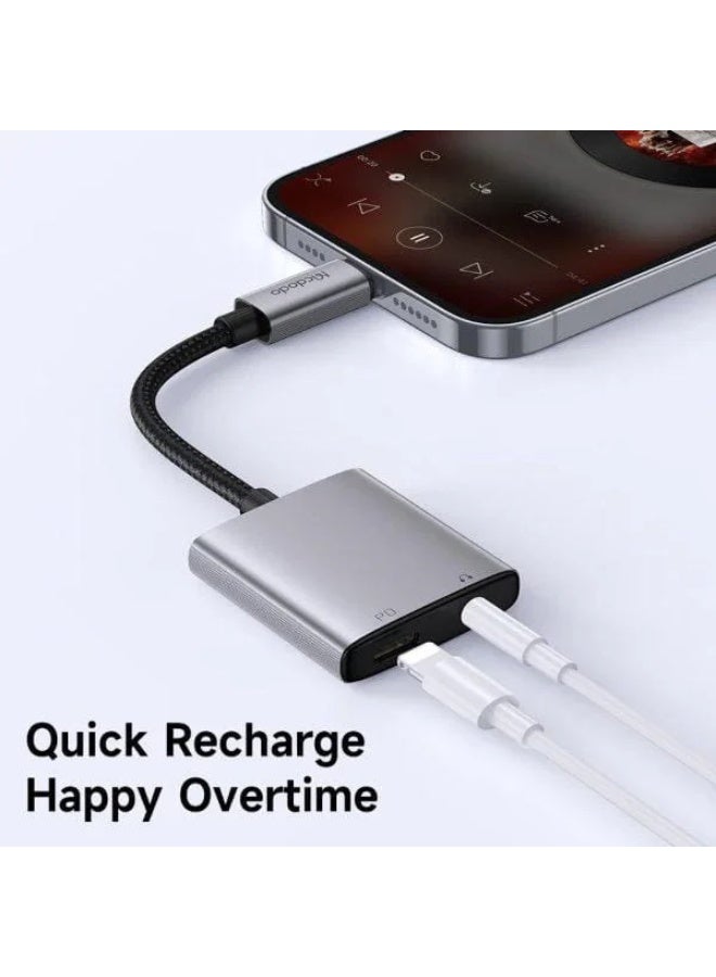 CA-554 Adapter , Lightning to Lightning + 3.5mm Audio Adapter , Enjoy charging and playing music at the same time , Lightweight and high-quality aluminum and nylon design , Supports fast charging up to 2.4A and wired volume control , Compatible with iPhone devices and CE/RoHS certified