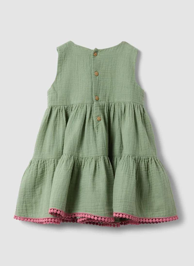 او في اس OVS Green Pure Cotton Mini Dress With Floral Embroidery