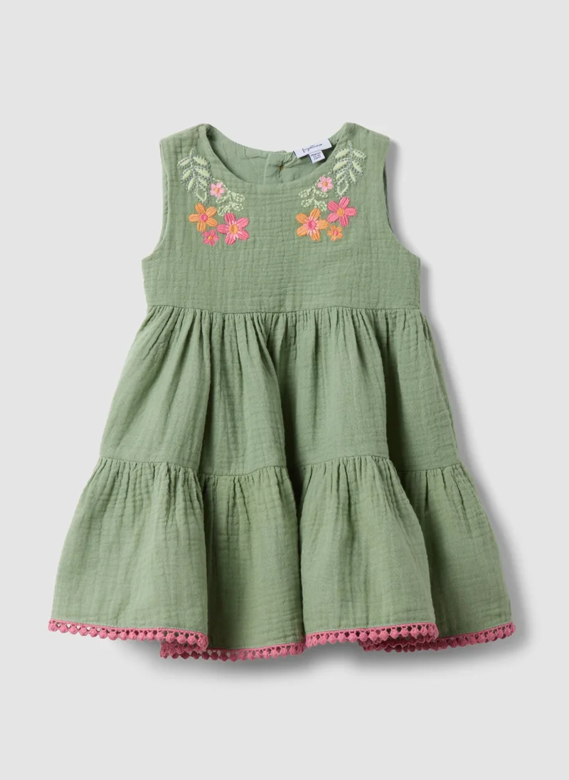 او في اس OVS Green Pure Cotton Mini Dress With Floral Embroidery