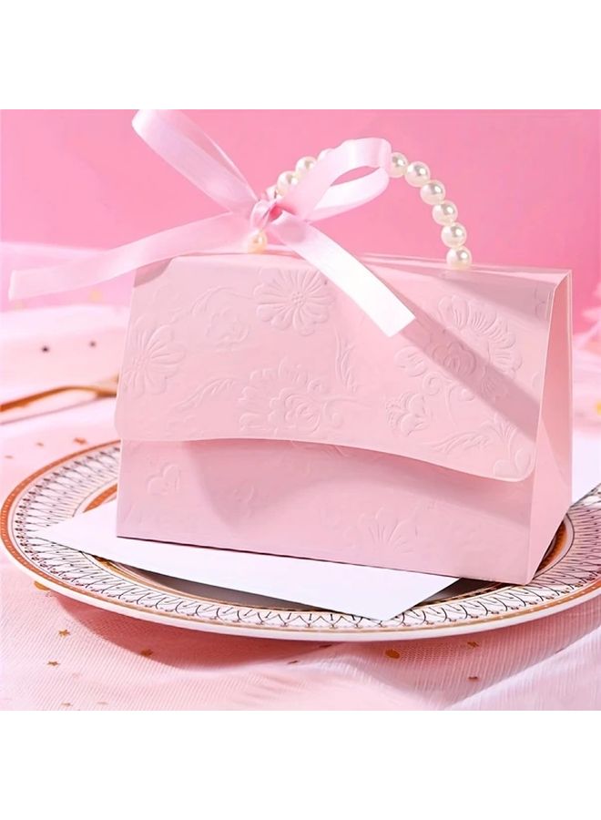 ٣ قطع علبة هدايا بمقبض من اللؤلؤ الوردي مع طبعة نباتية بارزة لتغليف هدايا حفلات الزفاف - Image 3