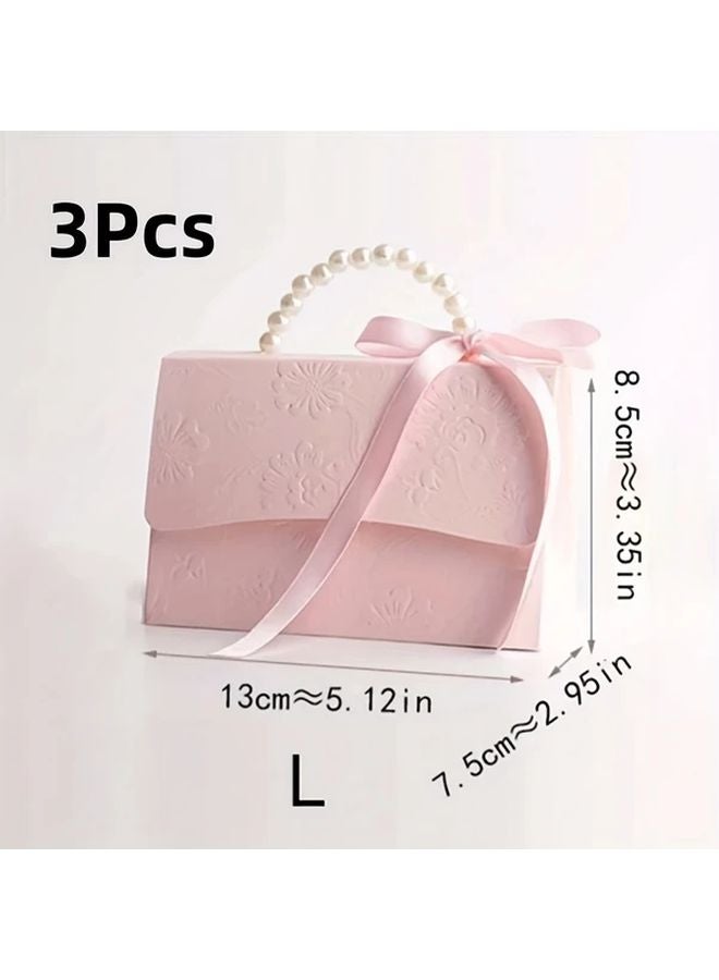 ٣ قطع علبة هدايا بمقبض من اللؤلؤ الوردي مع طبعة نباتية بارزة لتغليف هدايا حفلات الزفاف - Image 1