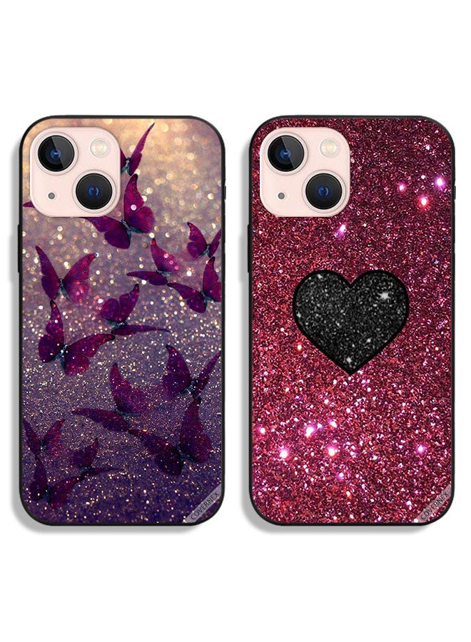 Covernex Two Cases For Apple iPhone 13 Protective Covers Glitter Butterflies and Glitter Heart  - Image 1