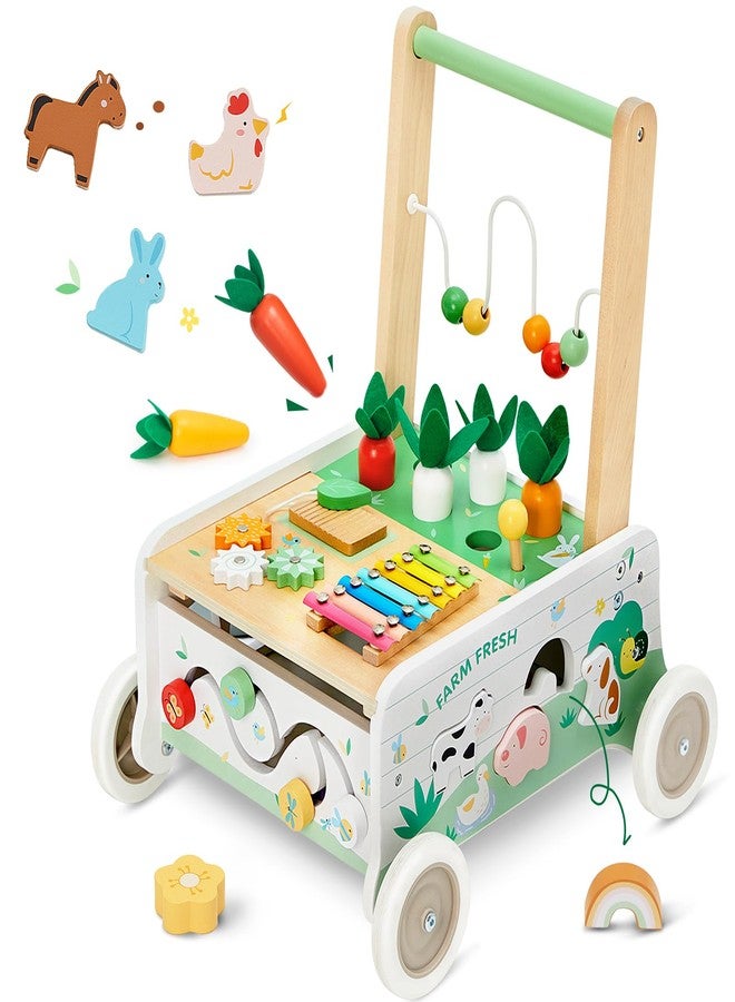 Frogprin Wooden Baby Walker, Baby Push Walker, Adjustable Speed Baby Walker with Wheel, Toddler Activity Center Toys, Montessori Farm Walker Toy with Shape Sorter, Carrot Harvest for Boys and Girls - Image 1
