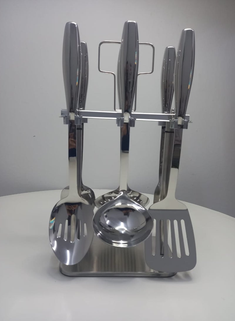 Squalo A Set Of 6 Steel Cooking Spoons StandWith A Silver  - Image 1