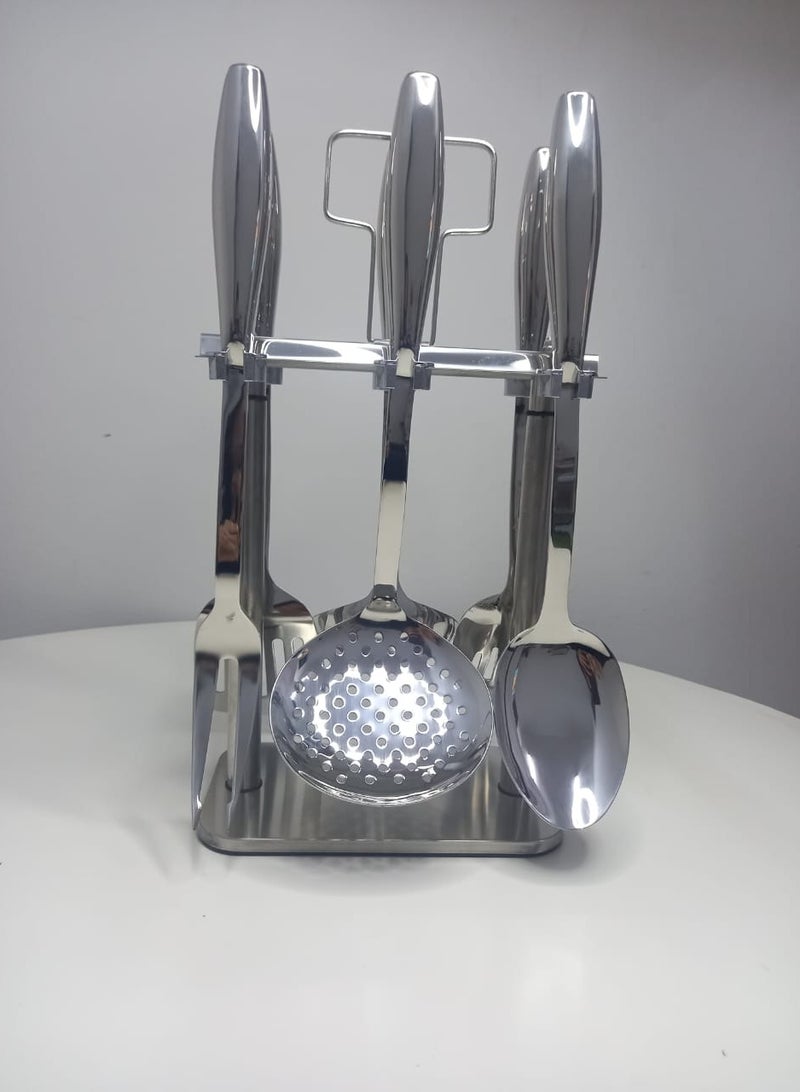 Squalo A Set Of 6 Steel Cooking Spoons StandWith A Silver  - Image 2