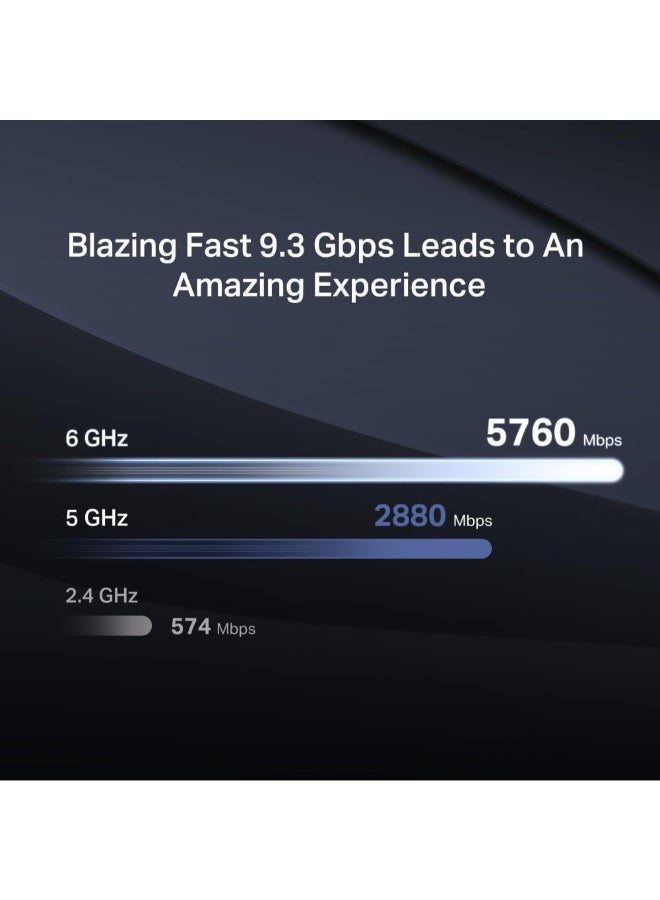 MERCUSYS BE9300 Tri-Band Wi-Fi 7 Router
SPEED: 574 Mbps at 2.4 GHz + 2880 Mbps at 5 GHz + 5760 Mbps at 6 GHz
SPEC: 6× External Antennas, 1.5 GHz Quad-Core CPU, 1*2.5 Gbps WAN port + 3*2.5 Gbps LAN ports, MLO, 4096-QAM, OFDMA, EHT160 on 5GHz, EHT320 on 6GHz
FEATURE: MERCUSYS App, Router/Access Point Mode, WPS/Reset Button, IPTV, IPv6, Smart Connect, Airtime Fairness, Beamforming, MU-MIMO, Parental Controls, Guest Network, VPN Server, VPN Client, DFS, WPA3, Easymesh, IoT Network, TR-069, Aginet ACS, ISP Preset (Agile Config) Black - Image 4