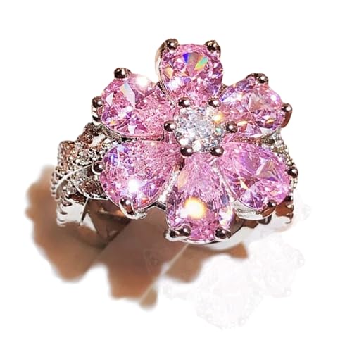 AZQ 925 Sterling Silver Shiny Full Diamond Ring 18K Gold Cocktail Ring Teardrop Pink Cubic Zirconia Promise Ring CZ Diamond Multi Row Ring Eternity Engagement Wedding Band Ring for Women Z.62 (US Code 8) - Image 1