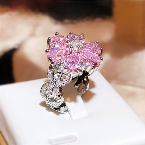 AZQ 925 Sterling Silver Shiny Full Diamond Ring 18K Gold Cocktail Ring Teardrop Pink Cubic Zirconia Promise Ring CZ Diamond Multi Row Ring Eternity Engagement Wedding Band Ring for Women Z.62 (US Code 8) - Image 4