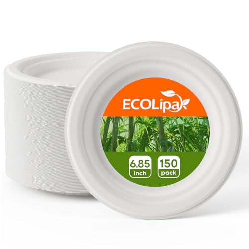 ECOLipak 6.85 Inch Compostable Dessert Paper Plates, 150 Pack Disposable Biodegradable Heavy Duty Eco-friendly Sugarcane Bagasse Halloween Plates for Party - Image 1