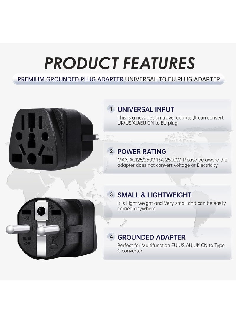 Captaintech Universal EU Travel Adapter (Type E/F) – Worldwide Compatibility for US/UK/AU/CN/JP Plugs – Safe Charging for All Devices – Sleek Black (1-Pack) - Image 2