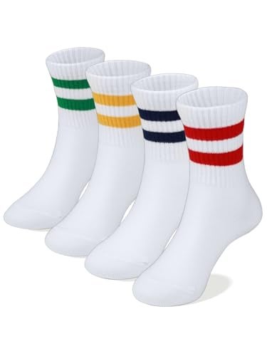 COTTON DAY Unisex School Kids Boys Girls Soft Cotton White Athletic Socks with Colorful Stripes 6-8 Years M (8) - Image 1