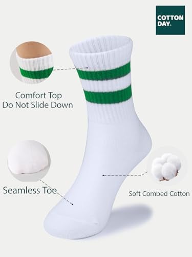 COTTON DAY Unisex School Kids Boys Girls Soft Cotton White Athletic Socks with Colorful Stripes 6-8 Years M (8) - Image 2