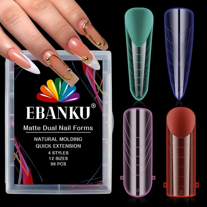 EBANKU 96PCS Poly Gel Nail Forms Reusable Dual Forms for Polygel Multicolor Matte Stiletto Almond Square Nail Mold Acrylic Nail Extension Tool for Home Salon Nail Manicure 4 Styles