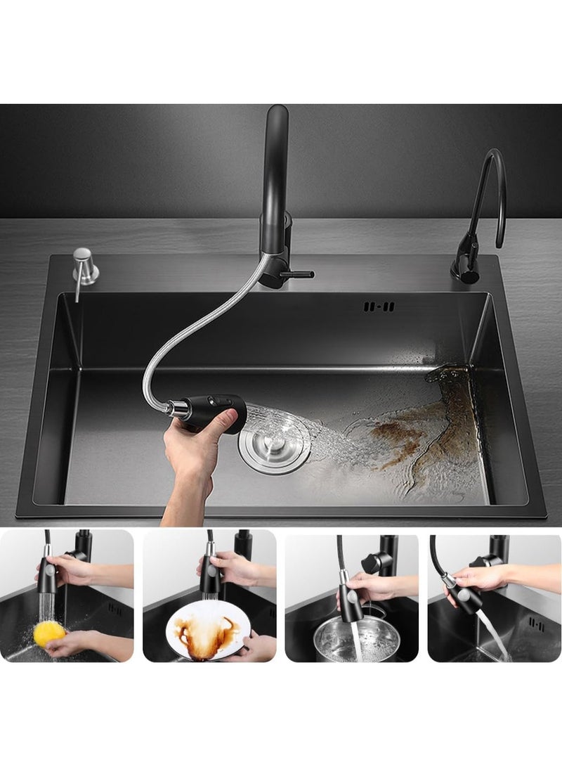 YD Modern Multifunction Kitchen Sink with Pull-Out Faucet, Integrated Drainboard, Complete Installation Kit, Durable Stainless Construction for Efficient Washing, Rinsing and Food Prep - Image 3