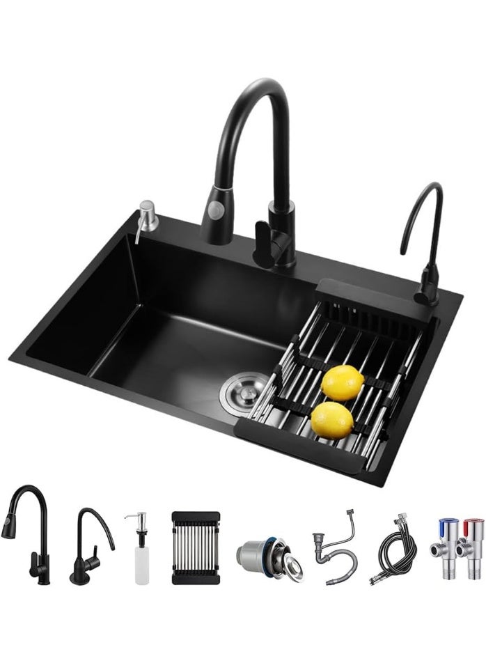 YD Modern Multifunction Kitchen Sink with Pull-Out Faucet, Integrated Drainboard, Complete Installation Kit, Durable Stainless Construction for Efficient Washing, Rinsing and Food Prep - Image 1