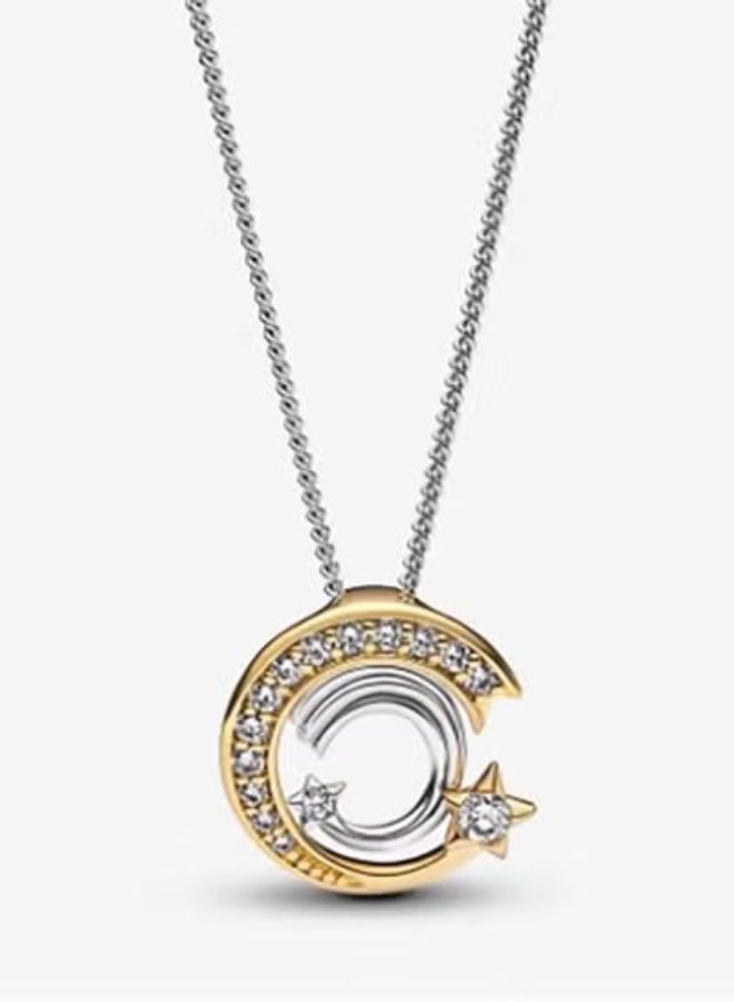 Two-Tone Moon & Star Inlaid Crystal Necklace