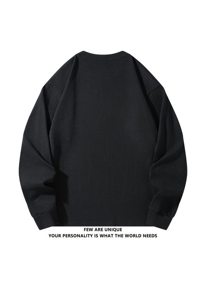 Izexx Men's Round Neck Solid Color Sweatshirt Spring Loose Fit Casual Pure Cotton Long Sleeve Base T-shirt Zxy01 Black M - Image 1