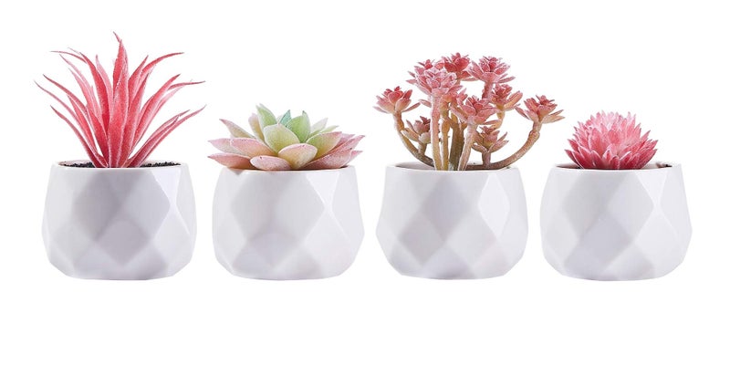 CADNLY Fake Succulent Plant Set  Artificial Desk Plants for Women Desk  Realistic Faux Succulents in Ceramic Pots  Mini Pink Decor for Bedroom Bathroom Office Shelf Decor