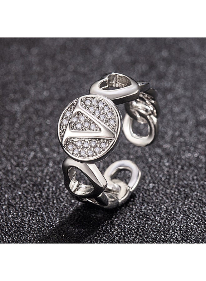 New Light Luxury Copper Inlaid Zircon 18k Real Gold Heart Smooth Letter Adjustable Ring Versatile Personality Ring
