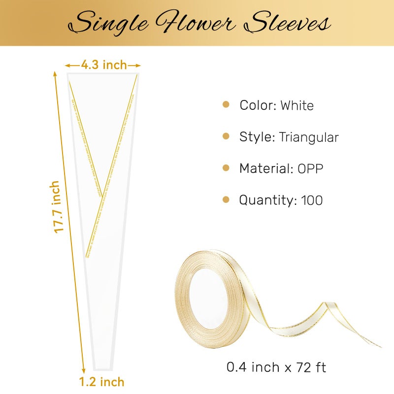 Mauproy 100 Pack Single Rose Sleeves, Flower Wrapping Bags Single Flower Packaging Bags with Ribbons for Valentine's Day, Wedding, Birthday, Florist Supplies (White) - Image 2
