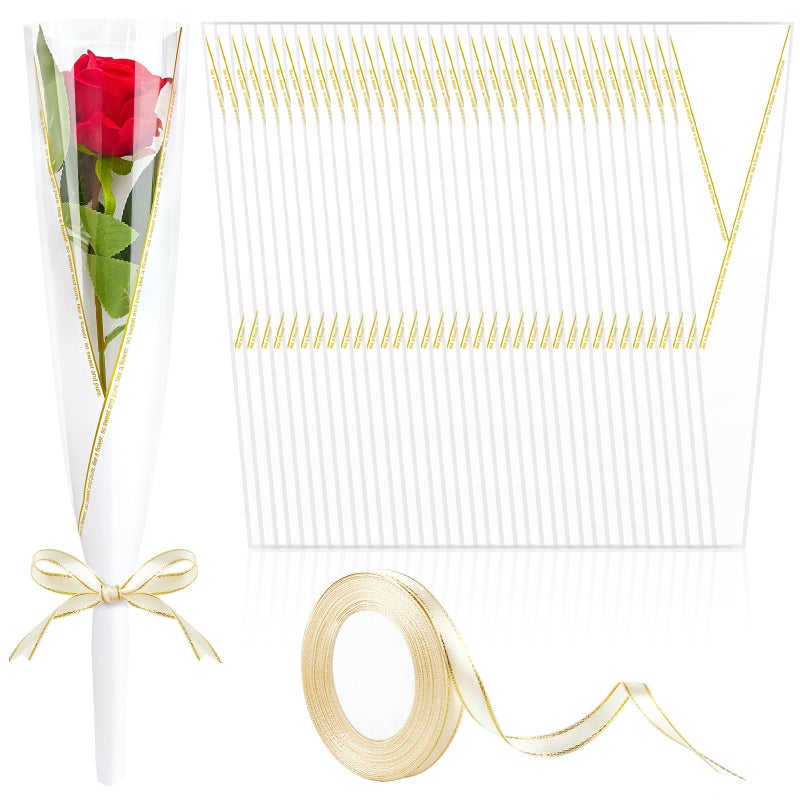 Mauproy 100 Pack Single Rose Sleeves, Flower Wrapping Bags Single Flower Packaging Bags with Ribbons for Valentine's Day, Wedding, Birthday, Florist Supplies (White) - Image 1