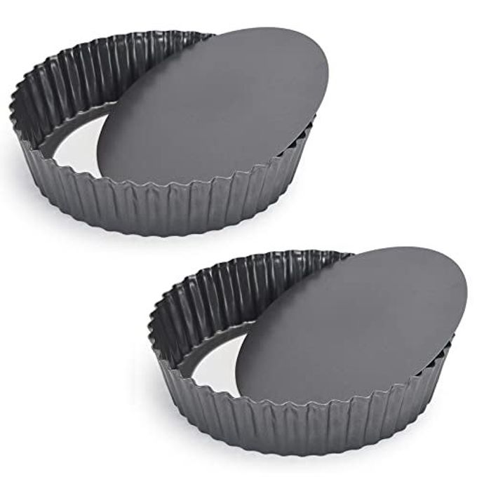Kazozobi 2 Pack Nonstick Tart Pan, Quiche Pan, Carbon Steel Deep-dish Pie Pan with Removable Loose Bottom (9.4 In)